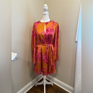 Ted Baker Pink and Orange Fit and Flare Dress with Bishop Sleeves